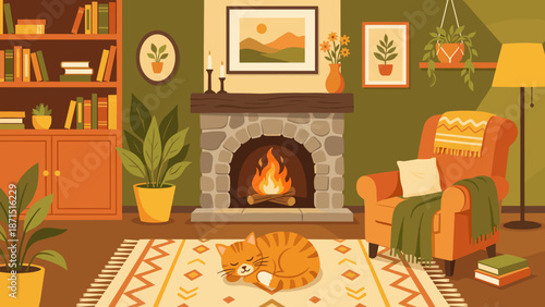 Cozy living room interior with stone fireplace. Cute cat sleeping on rug. Armchair and bookshelf with plants. Warm home atmosphere. Hygge lifestyle. Flat vector illustration design