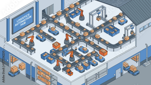 Isometric logistics warehouse automation. Robots sorting packages on conveyor belts. Smart factory. Distribution center. Supply chain delivery. Cargo shipping technology.