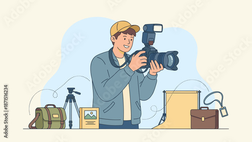 Professional photographer character holding camera with flash. Photography hobby career concept. Flat vector illustration. Man taking picture. Creative occupation. Photo shooting.