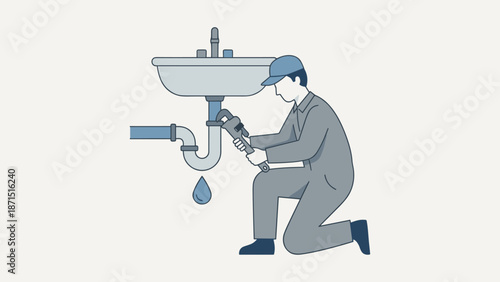 Plumber fixing leaking pipe with wrench. Professional handyman service. Home maintenance repair concept. Male worker uniform. Water drop leak. Bathroom sink. Flat vector illustration.