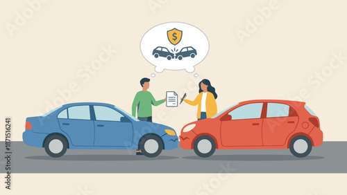 Car accident insurance claim concept. Drivers exchange papers after fender bender. Auto collision on road. Vehicle damage liability. Transport safety. Flat vector illustration design graphic