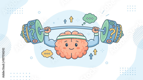 Stylized brain character lifting weights. Mental strength training concept. Mind power gym workout. Intelligence development. Smart psychology. Intellectual capacity. Strong organ.