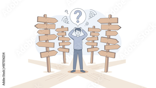Confused man at crossroads facing multiple direction signs. Decision paralysis concept. Business choice strategy. Lost choosing future path. Uncertainty dilemma. Career planning.