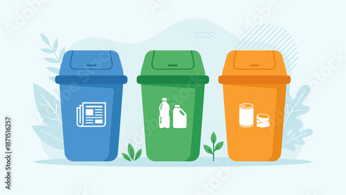 Recycling bins set for waste segregation. Blue green orange containers for paper plastic metal. Eco friendly garbage sorting. Flat vector illustration. Sustainable trash management.