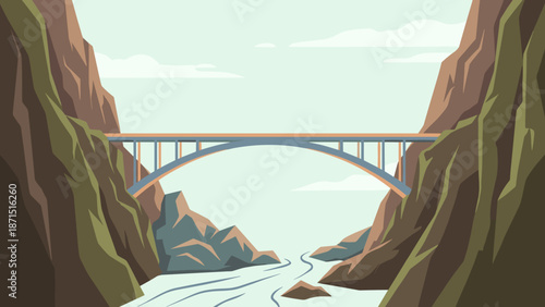 Bridge connecting cliffs over river canyon. Overcoming obstacles concept. Bridging the gap metaphor. Business solution. Flat vector landscape. Crossing chasm. Link between sides.
