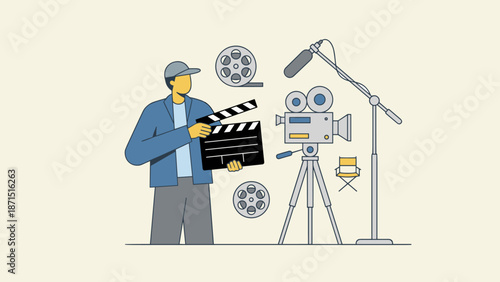 Director holding clapperboard. Film production concept. Cinema industry. Movie camera tripod. Flat vector illustration. Filmmaking process. Entertainment business. Boom microphone.