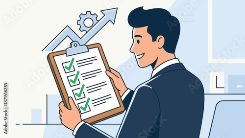 Happy businessman holding clipboard with checklist. Successful task management productivity concept. Project completion goal achievement. Organized worker finished to-do list plan.