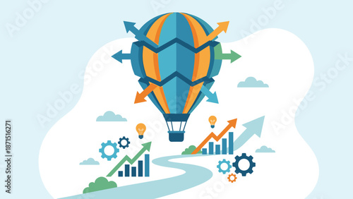 Scalability and business growth concept. Expanding hot air balloon arrows. Strategy development path. Innovation success rising stats. Marketing startup. Flat vector illustration.