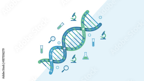 Stylized DNA helix with medical science icons. Genetic research concept. Biology healthcare background. Laboratory equipment symbols. Scientific study. Flat vector illustration.