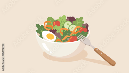 Stylized bowl of fresh salad with egg and fork. Healthy eating diet concept. Flat vector illustration. Organic lunch meal. Vegetarian nutrition. Weight loss. Delicious food. Vitamin.