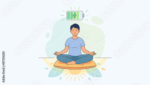Person meditating with battery icon. Concept of recharging mental energy, burnout recovery, stress relief. Mindfulness wellness relaxation. Zen balance flat vector illustration.