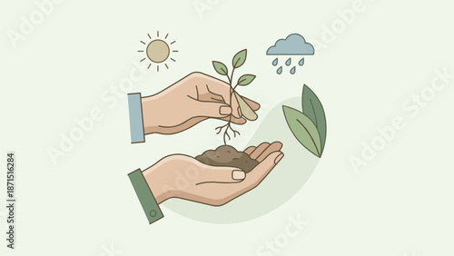 Hands holding soil planting green seedling. Growth and nurturing concept. Ecology sustainability symbol. Flat vector illustration. Nature protection gardening organic eco. Agriculture.
