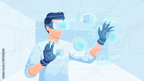 Man wearing VR headset touching virtual interface. Virtual reality experience concept. Digital metaverse user. Augmented reality. 3D simulation. Cyber technology. Gaming. Flat vector.