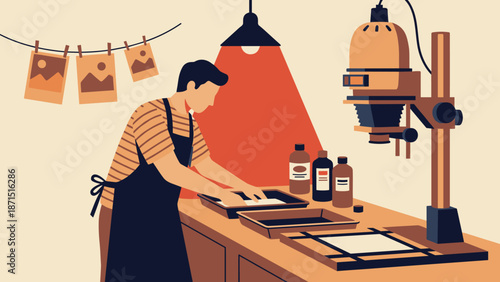 Darkroom photography. Man developing print in chemical tray. Traditional analog process. Photographer in red light studio with enlarger. Retro hobby concept. Film laboratory. Creative art.