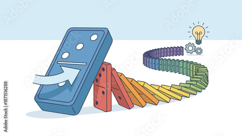 Domino effect chain reaction concept. Large block falling hitting others. Business consequence causality. Impact momentum risk. Falling blocks sequence. Flat vector illustration.