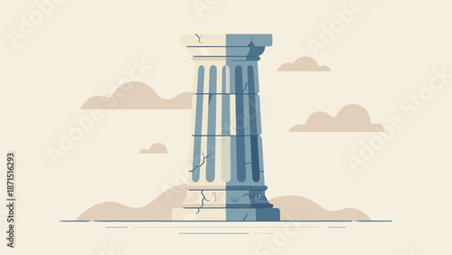Stylized ancient Greek pillar column. Roman architecture ruin. Stability strength concept. Law justice education bank symbol. Historical museum monument. Antique stone element