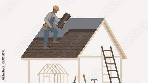 Roofer installing shingles on house top. Construction worker with hammer. Home renovation maintenance. Residential repair handyman fixing roof. Builder. Flat vector illustration