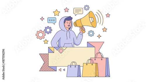 Marketing promotion concept. Man holding megaphone. Shopping bags sale banner. Advertising campaign. Influencer. Loudspeaker. Business alert. Discount offer. Sale news. Attention.