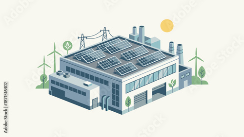 Modern factory with solar panels and wind turbines. Industrial renewable energy concept. Sustainable manufacturing plant. Eco friendly warehouse. Green technology. Photovoltaic system.