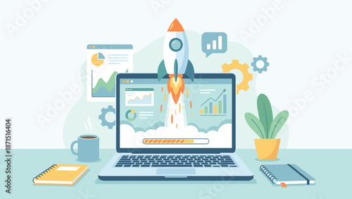 Business startup rocket launch concept. Laptop screen digital boost. Innovation technology growth. Successful project takeoff. Spaceship flying. Marketing analytics. Flat vector illustration design