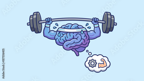Strong brain character lifting weights. Mental strength training concept. Smart mind power workout. Intelligence bodybuilding. Psychology. Flat vector illustration cartoon mascot.