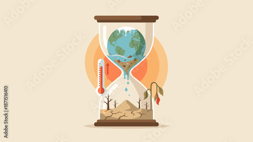 Climate change urgency. Hourglass with melting Earth. Global warming crisis deadline. Time running out. Ecological disaster. Thermometer heat. Drought and dead plant vector