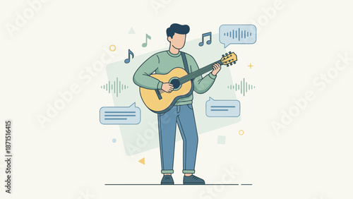 Musician playing acoustic guitar. Male guitarist performing song. Music entertainment concept. Flat vector illustration. Hobby leisure activity. Singing audio sound waves melody tune.