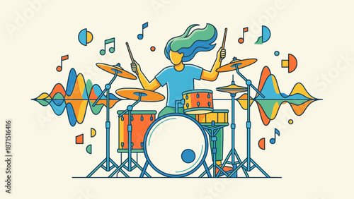 Energetic drummer playing drum set. Flat vector illustration music concept. Musician hitting drums with sticks. Percussion instrument hobby. Rock band performance. Rhythm sound beat.
