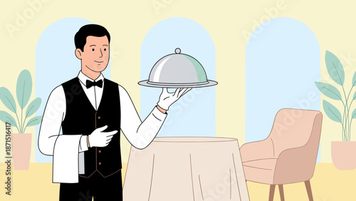 Professional waiter holding silver tray with cloche. Restaurant service concept. Fine dining luxury dinner. Male server in uniform. Hospitality business vector illustration flat design.