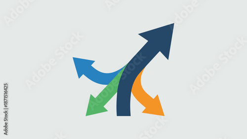 Three arrows merging into one. Business consolidation concept. Teamwork synergy unity. Strategic focus direction. Merger acquisition symbol. Growth path. Vector illustration.