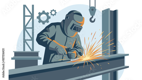 Welder worker protective helmet mask. Industrial manufacturing process. Metal sparks flying. Construction factory concept. Professional labor. Flat vector illustration. Safety gear.