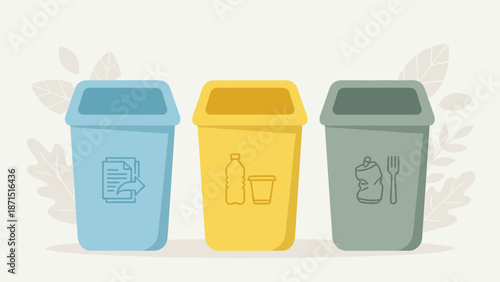 Recycling bins set. Waste segregation. Paper, plastic, metal sorting. Ecological garbage containers. Trash management. Flat vector illustration. Sustainability. Ecology. Clean.