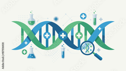 Stylized DNA double helix. Genetic research concept. Medical cross icons. Scientific biotechnology vector illustration. Healthcare biology genome analysis. Lab. Molecular medicine.
