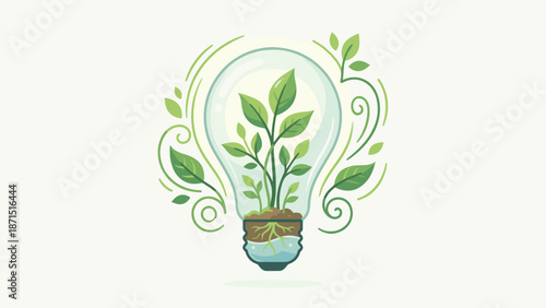 Eco innovation concept. Stylized lightbulb with green plant growing inside. Sustainable energy. Nature environment. Creative idea symbol. Flat vector illustration. Ecology power.