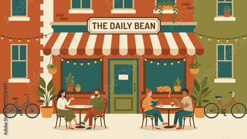 Cozy coffee shop exterior vector. Cafe storefront facade with awning. People sitting at tables. Friends meeting at bistro terrace. City street leisure. Restaurant business concept