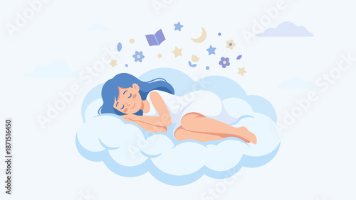 Peaceful woman sleeping on soft cloud. Dreaming concept with stars and moon. Flat vector illustration of girl resting. Relaxation and deep sleep. Bedtime comfort fantasy night slumber.