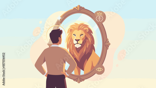 Man looking in mirror seeing lion reflection. Self confidence concept. Inner strength bravery. Leadership mindset. Psychology self esteem. Courage motivation power. Brave spirit. Strong hero.