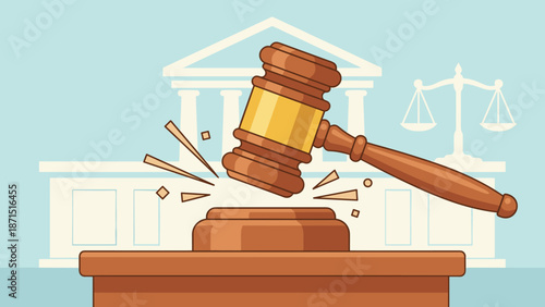 Wooden judge gavel hitting sound block. Law and justice concept. Legal decision, court verdict and authority symbol. Flat vector illustration design. Auction bid hammer. Trial.