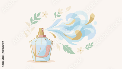 Stylized perfume bottle spraying aromatic mist. Elegant fragrance luxury beauty concept. Glass container floral scent. Flat vector illustration. Cosmetic product. Aroma. Scent.