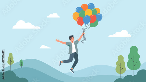 Happy man flying with colorful balloons in blue sky. Freedom and letting go concept. Success and motivation vector. Carefree person floating in air. Joyful male character flight