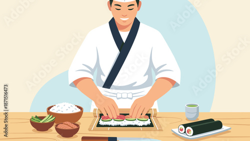 Sushi chef rolling fresh maki on bamboo mat. Japanese cuisine preparation. Man cooking traditional Asian food. Flat vector illustration. Restaurant kitchen scene. Culinary art concept.