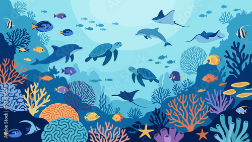Underwater ocean scene with coral reef, tropical fish, dolphins, turtles and rays. Marine life background. Flat vector illustration of aquatic nature. Sea wildlife. Deep water.