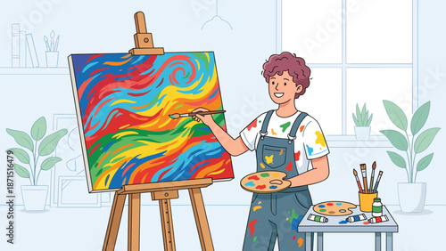 Artist painting canvas in art studio. Creative person holding palette and brush. Painter drawing colorful picture. Vector illustration. Hobby concept. Flat design. Creativity. Easel.