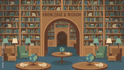 Library interior with wooden bookshelves full of books. Education and wisdom. Flat vector illustration. Public library room background. University study hall. Academic reading area