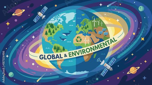 Stylized Earth in space with ecology symbols. Renewable energy wind turbines solar panels recycling. Flat vector illustration sustainable planet. Global green future satellite cosmos