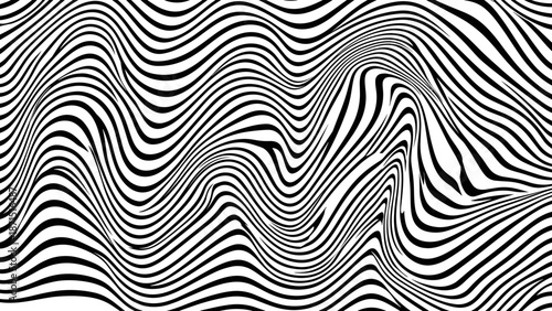 Abstract wavy line pattern. Optical art style black and white stripes. Hypnotic minimalist design. Fluid geometric distortion texture. Psychedelic op art vector illustration.