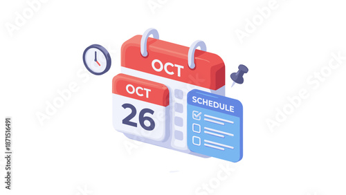 Modern 3D calendar icon with schedule list. Vector illustration of date planner and time management concept. Daily organizer with clock and pin. Business event reminder symbol. Agenda.