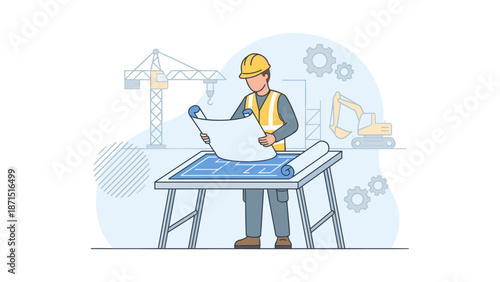 Professional construction worker reading blueprints. Engineer planning building project. Industrial crane and excavator. Civil engineering concept. Flat vector illustration.