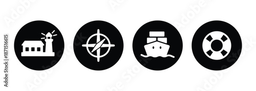 Circular Maritime and Nautical Icon Set - White Minimalist Marine Vector Symbols on Black