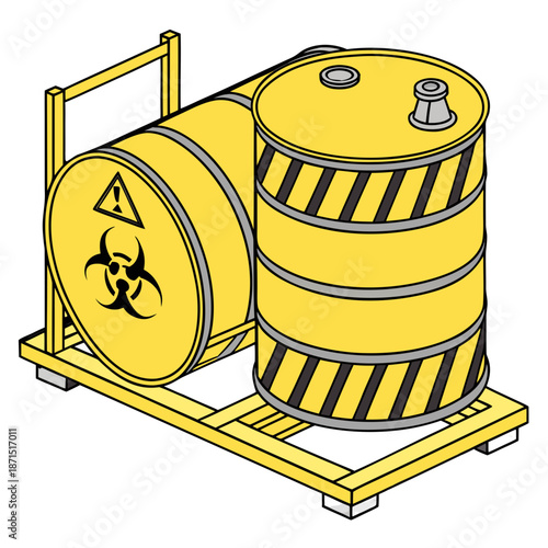 Biohazard waste barrels on a yellow metal rack, illustration of dangerous material handling and storage for safety precautions and environmental protection